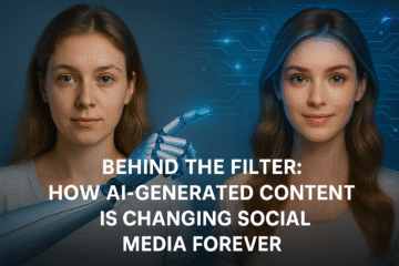 plit-screen image showing a natural-looking woman on the left and an AI-enhanced version of her on the right. A robotic hand points from the left toward the filtered side. Digital circuits overlay the AI version. Text overlay reads “Behind the Filter: How AI-Generated Content Is Changing Social Media Forever.