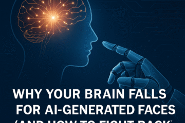 Stylized image showing a human head with a glowing brain on the left and a robotic hand reaching toward it on the right. Digital circuit lines fill the background, symbolizing AI interaction. Bold white text overlay reads: “Why Your Brain Falls for AI-Generated Faces (and How to Fight Back)
