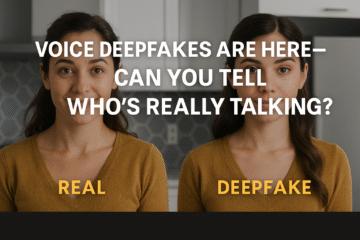 Banner-style image comparing two side-by-side portraits of the same woman labeled “REAL” and “DEEPFAKE.” Both are wearing mustard-colored tops in a kitchen setting. Subtle facial differences hint at digital manipulation. Bold white text across the center reads: “Voice Deepfakes Are Here—Can You Tell Who’s Really Talking?