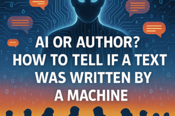 Stylized digital illustration with a glowing AI figure at the top surrounded by speech bubbles, binary code, and circuits. Below, silhouetted people type on laptops against a gradient background. Bold white text in the center reads: “AI or Author? How to Tell If a Text Was Written by a Machine