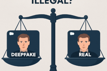 Are deepfakes illegal? Illustration showing justice scales with real and AI-generated faces
