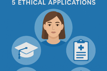 nfographic titled 'Deepfakes for Good: 5 Ethical Applications' featuring an AI-generated female face at the center, surrounded by icons for education, healthcare, gaming, and security on a blue background.